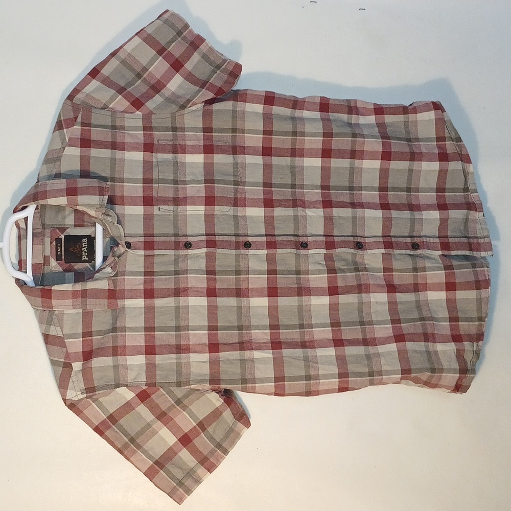 Men's Prana Shirt Size Large Red White Slim Fit Plaid Organic Cotton
